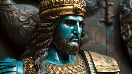 Obraz premium Sculpture of a mythical hero. An ancient bronze figure of a powerful king. 