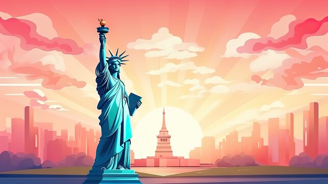 Statue of Liberty, USA, America, New York. Poster in retro style. Holiday 4th July Independence Day.