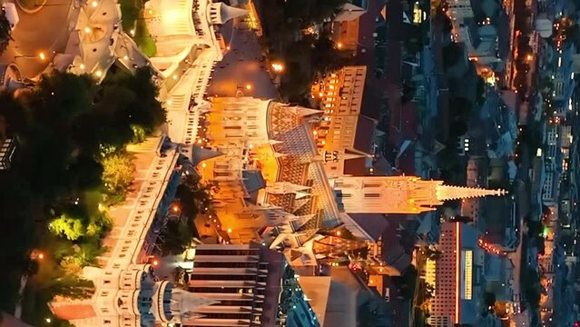 drone flying at illuminated Fisherman's Bastion. Aerial vertical, vertical video background.
