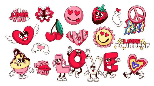 Groovy cartoon love characters and typography stickers set. Funny Love word and flying heart with wings, cupcake and flower. Retro mascots and cartoon emoji of 60s 70s style vector illustration