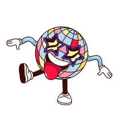 Groovy cartoon disco ball character with star shape sunglasses. Funny dance of globe with rainbow pattern and sticking tongue, retro disco mascot, cartoon sticker of 70s 80s style vector illustration