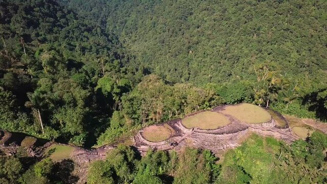 Hidden ancient ruins of Tayrona civilization Ciudad Perdida in the heart of the Colombian jungle. Aerial view from above. Lost city of Teyuna. Santa Marta, Sierra Nevada mountains, Colombia wilderness