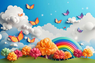 Fototapeta na wymiar Beautiful fluffy clouds on blue sky background with summer sun, butterfly, hot air balloons and rainbow. Vector illustration. Paper cut style. Place for text