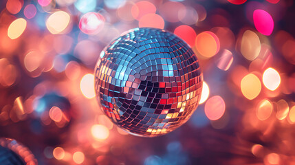 Fototapeta premium Disco ball amidst shiny bokeh background, celebration sparkle. Mirror disco sphere with bokeh light, festive night life radiance. Party ball glow, crimson bokeh magic