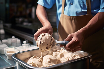 A gelato maker expertly scoops a serving of creamy gelato dotted with chocolate pieces, showcasing culinary artistry.
