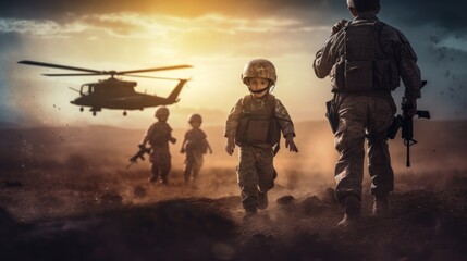 Fototapeta premium Military children on the battlefield Military operations war concept. AI generated image