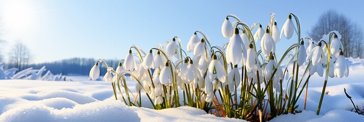 The first spring flowers in the snow on a frosty sunny day. White snowdrops, buds rising from the fresh snow. A banner, a postcard for the Easter holiday. The green sprout is a symbol of the changing 