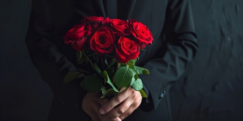 realistic illustration, of a man in costume holding a bouquet of red roses for Valentin's Day