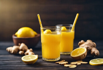 Fototapeta premium Mix Antiossidante- Bevanda Tonica con Zenzero, Limone e Curcuma su Tavolo di Legno Scuro