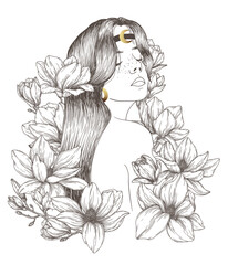 Vector illustration of a girl with long dark hair and freckles in magnolia flowers