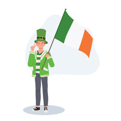 St Patricks Day Celebration. Jovial Man with Irish Flag in Green Outfit.