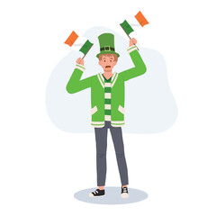 St Patricks Day Celebration. Jovial Man with Irish Flag in Green Outfit.