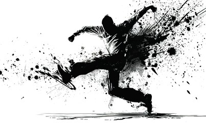 black and white pictogram of jump and kick sideways in the air