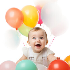 Fototapeta na wymiar Baby Surrounded by Vibrant Balloons on transparent background