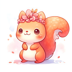 watercolor cute squirrel some floral on head clipart illustration isolated on a white background