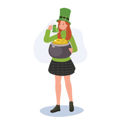 St Patricks Day Celebration with Woman Enjoying Green Beer. Festive Irish Holiday