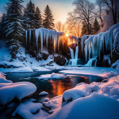 A unique winter landscape featuring a frozen waterfall, icicles hanging from the trees, and a colorful sunset sky