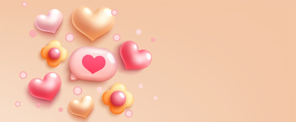 Valentines minimalist realistic 3d background. Flower with hearts and speech bubble for valentine celebration. For celebration and background. Vector 3d realistic illustration.