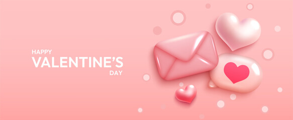 Valentines minimalist realistic design. Heart, letter  and speech bubble for love ones. Vector illustration for design background. Vector 3d realistic illustration.
