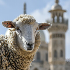 Eid al-Adha Sheep and Mosque closeup, ai technology