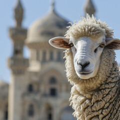 Eid al-Adha Sheep and Mosque closeup, ai technology