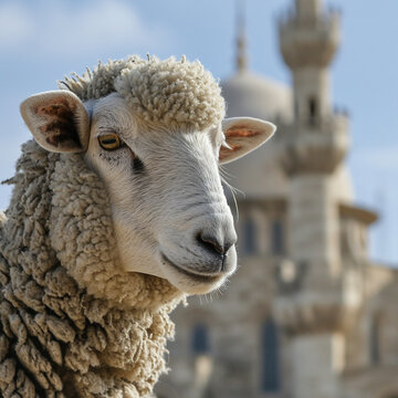 Eid al-Adha Sheep and Mosque closeup, ai technology