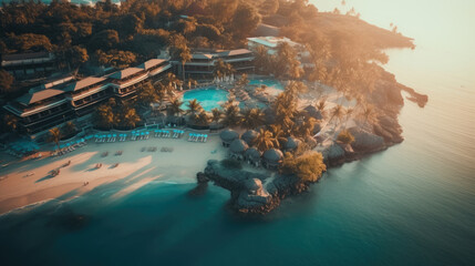  Luxury Hotel and Resort by Tropical Sea at Sunset