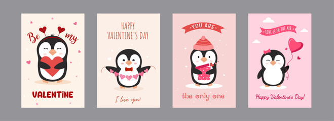 Cute Valentine's day cards, brochures, invitations with penguin