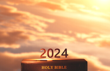 New year 2024, rising sun, sunrise and sunset background, cross of Jesus Christ, holy Bible, faith...
