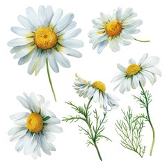 Set watercolor chamomile flowers isolated white background