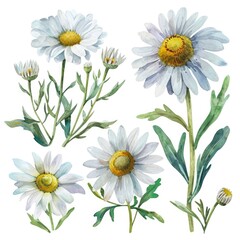 Set watercolor chamomile flowers isolated white background