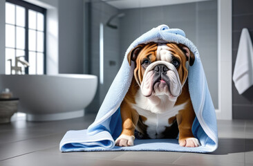 English bulldog after bath, wrapped in blue towel on bathroom background. Spa salon, hair salon for dogs. Dog after grooming in a salon. Hygienic procedures for dogs