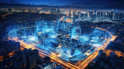 Futuristic cityscape showcasing 5G neural communication in a modern metropolis