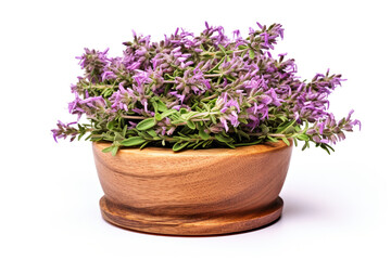 heap of thyme with flowers in wooden cup isolated on white background
