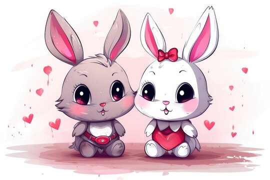 Two Adorable Cartoon Bunnies Sharing a Heart on a Pink and Purple Background