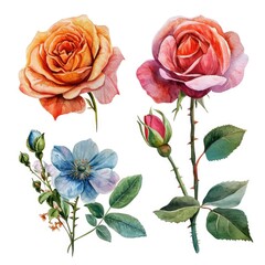 Set watercolor rose flowers isolated white background