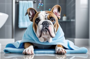 English bulldog after bath, wrapped in towel on bathroom background. Spa salon, hair salon for dogs. Dog after grooming in a salon. Hygienic procedures for dogs