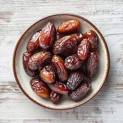 Plate of pitted dates on a white wooden background. Top view, ai technology