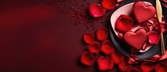 Valentine's day background with red hearts and rose petals.