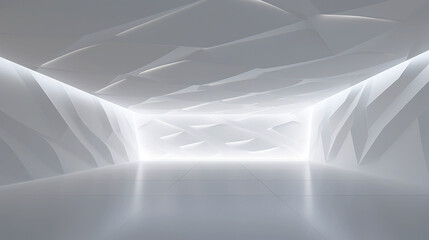 Interior of a empty minimal modern white room with abstract volumetric walls. Pattern on wall. Copy space. Generative AI	