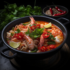 Tom Yum Shrimp.Spicy prawn soup, a culinary gem with roots in various Asian cuisines, is a tantalizing exploration of bold flavors and aromatic spices. 