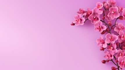 Beautiful blooming sakura branch with flowers on the peach background. Cherry blossom template. Background with copy space