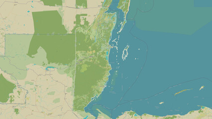 Belize outlined. OSM Topographic Humanitarian style map