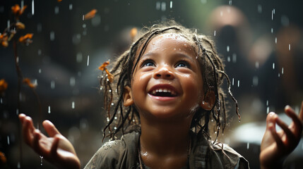 Joyful Young poor Girl Laughing Amidst Water Splashes During Outdoor Community Activity at Dusk