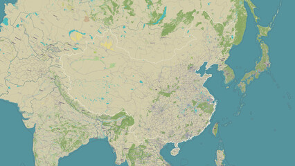 China outlined. OSM Topographic Humanitarian style map