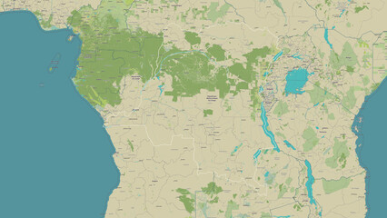 Democratic Republic of the Congo outlined. OSM Topographic Humanitarian style map