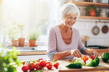 Obraz na płótnie Canvas Smiling elderly aged woman cooking vegetables dish in kitchen at home. Grandma preparing vegan food, meal. Healthy food, vegetarian concept. Dieting and healthy lifestyle. Active seniors cook at home