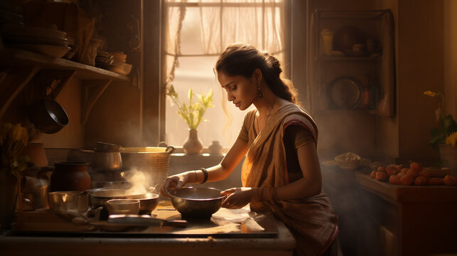 Indian woman wearing saree cooking in an indian kitchen, daylight, cinematic scene