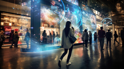 Interactive digital display in a bustling shopping mall - obrazy, fototapety, plakaty