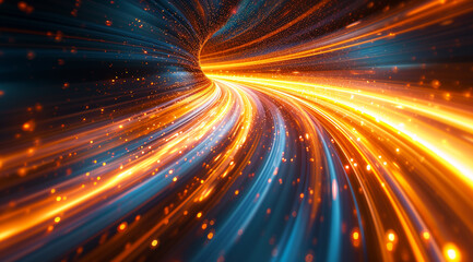 Fototapeta na wymiar Cosmic Light Trails, A dynamic abstract image capturing the essence of motion, with streaks of blue and orange light converging into a vibrant point